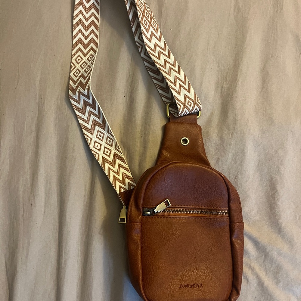 Brown Crossbody Bag with Patterned Strap
